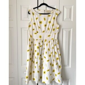 Kate Spade New York Sunflower Print Cotton Fit and Flare Dress White Yellow 14